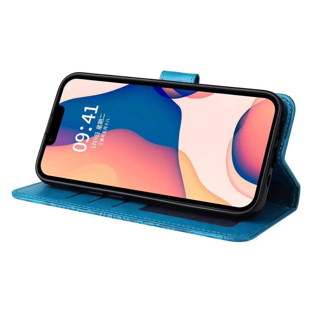 For iPhone 13 6.1 inch Sunflower Imprinted PU Leather Magnetic Flip Cover Stand Feature Wallet Purse Case with Hand Strap - Blue - 4