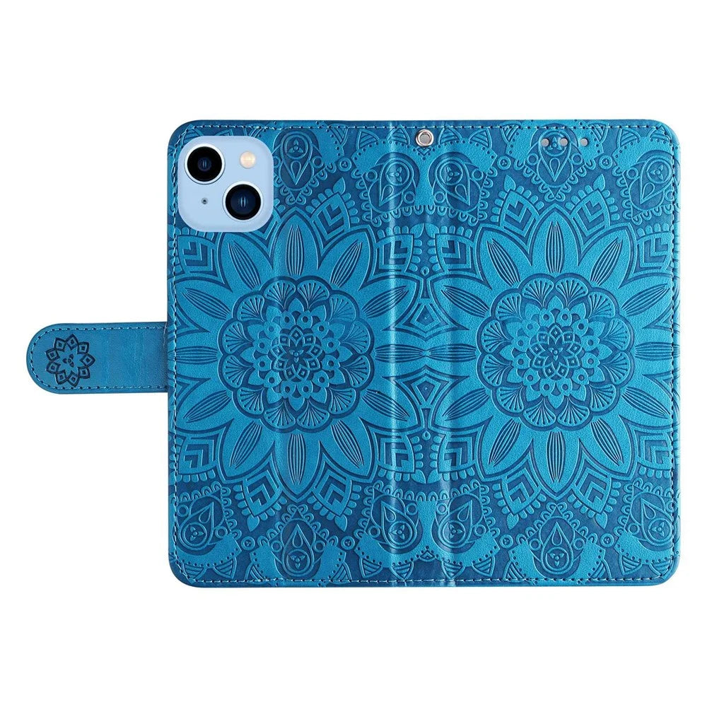 For iPhone 13 6.1 inch Sunflower Imprinted PU Leather Magnetic Flip Cover Stand Feature Wallet Purse Case with Hand Strap - Blue - 5