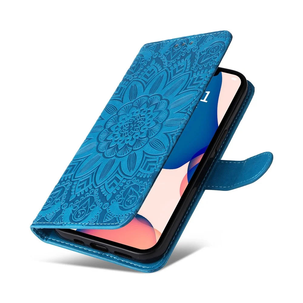 For iPhone 13 6.1 inch Sunflower Imprinted PU Leather Magnetic Flip Cover Stand Feature Wallet Purse Case with Hand Strap - Blue - 7