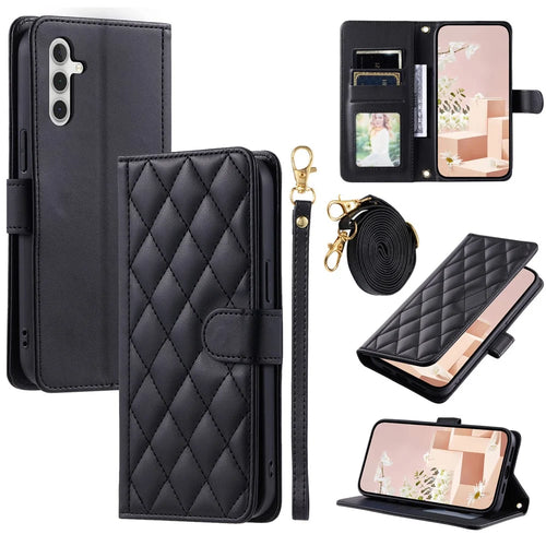 For Samsung Galaxy A36 5G Wallet Case Rhombus Grid PU Leather Phone Cover - Black - 1