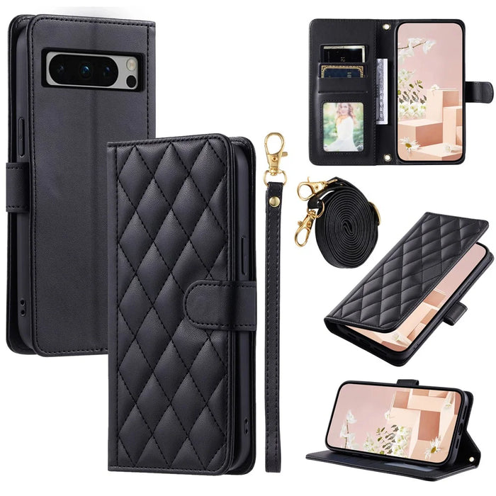 For Google Pixel 8 Pro Wallet Case Rhombus Grid PU Leather Phone Cover - Black - 1