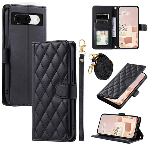 For Google Pixel 8 Wallet Case Rhombus Grid PU Leather Phone Cover - Black - 1