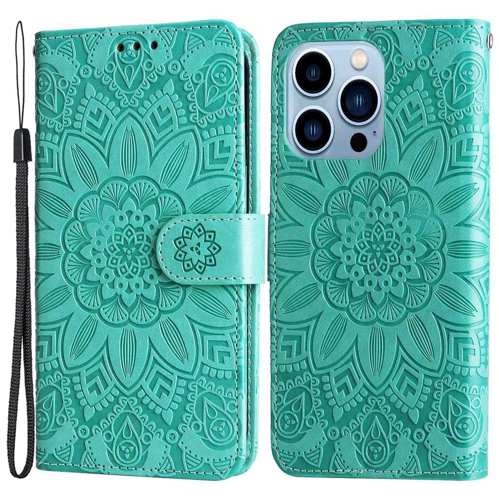 For iPhone 13 Pro 6.1 inch PU Leather Wallet Case Stand Magnetic Closure Sunflower Imprinted Flip Folio Phone Cover with Strap - Green - 1