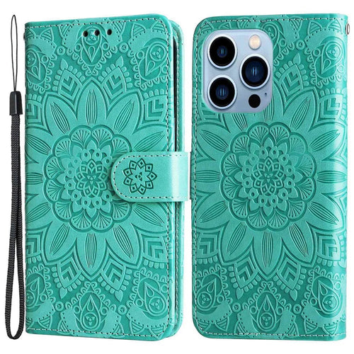 For iPhone 13 Pro 6.1 inch PU Leather Wallet Case Stand Magnetic Closure Sunflower Imprinted Flip Folio Phone Cover with Strap - Green - 1