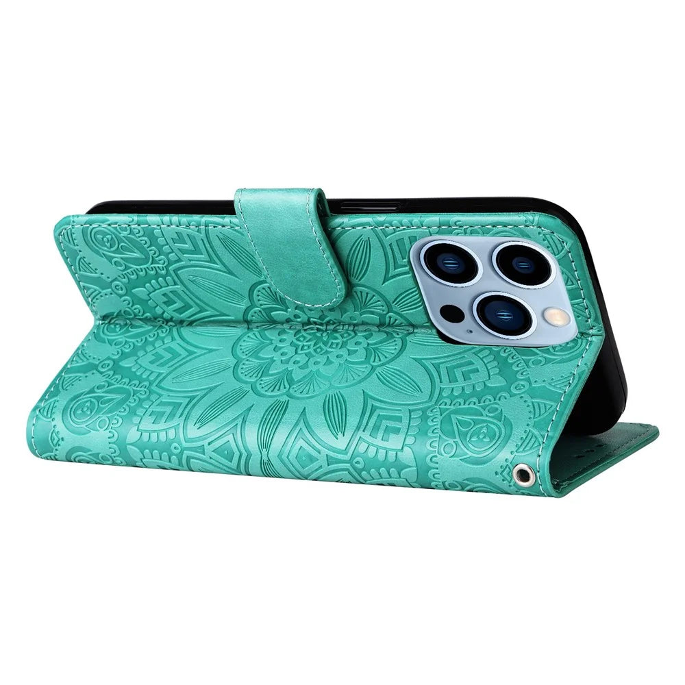 For iPhone 13 Pro 6.1 inch PU Leather Wallet Case Stand Magnetic Closure Sunflower Imprinted Flip Folio Phone Cover with Strap - Green - 3