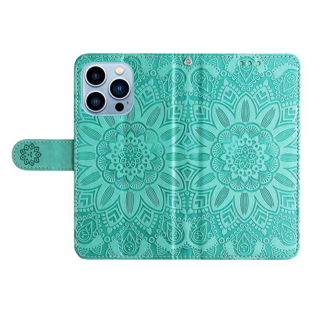 For iPhone 13 Pro 6.1 inch PU Leather Wallet Case Stand Magnetic Closure Sunflower Imprinted Flip Folio Phone Cover with Strap - Green - 5