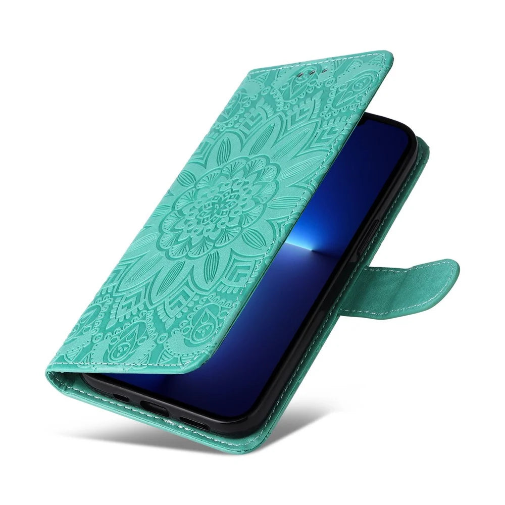 For iPhone 13 Pro 6.1 inch PU Leather Wallet Case Stand Magnetic Closure Sunflower Imprinted Flip Folio Phone Cover with Strap - Green - 7
