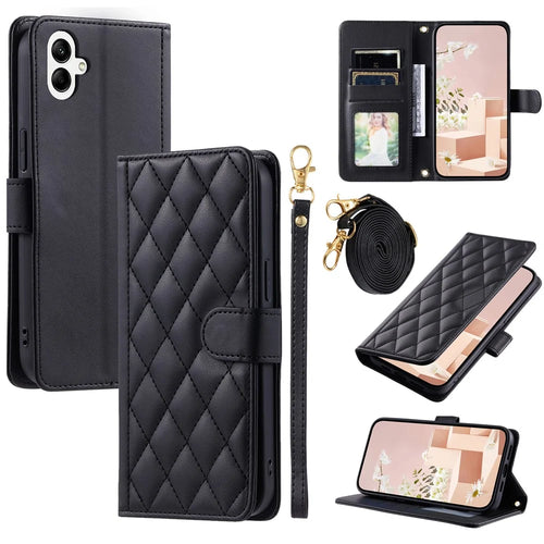 For Samsung Galaxy A06 4G Wallet Case Rhombus Grid PU Leather Phone Cover - Black - 1