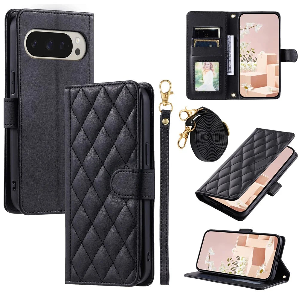 For Google Pixel 9 Pro XL Wallet Case Rhombus Grid PU Leather Phone Cover - Black - 1