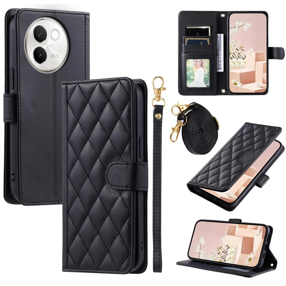 For vivo V40 Lite 5G / V30e 5G Wallet Case Rhombus Grid PU Leather Phone Cover - Black - 1