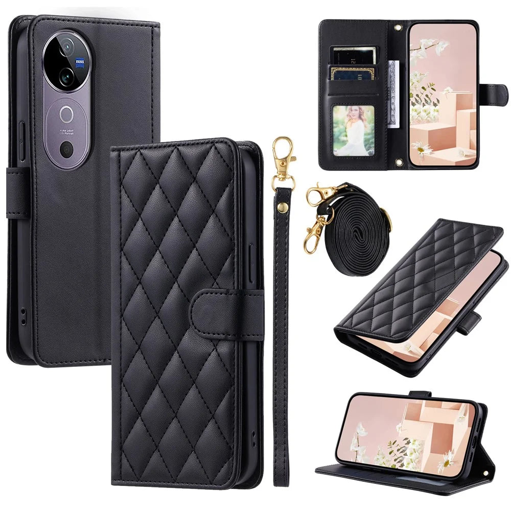 Leather Case for vivo T3 Ultra 5G / V40 Pro 5G / V40 5G / S19 Pro 5G Wallet Rhombus Grid Phone Cover - Black - 1