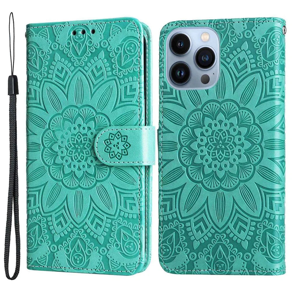 For iPhone 13 Pro Max 6.7 inch Sunflower Imprinted PU Leather Phone Case Stand Magnetic Flip Cover with Strap - Green - 1