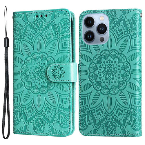 For iPhone 13 Pro Max 6.7 inch Sunflower Imprinted PU Leather Phone Case Stand Magnetic Flip Cover with Strap - Green - 1