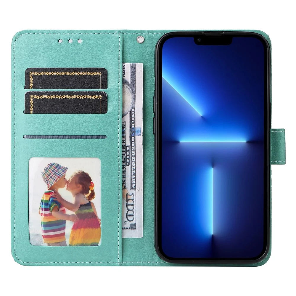 For iPhone 13 Pro Max 6.7 inch Sunflower Imprinted PU Leather Phone Case Stand Magnetic Flip Cover with Strap - Green - 2