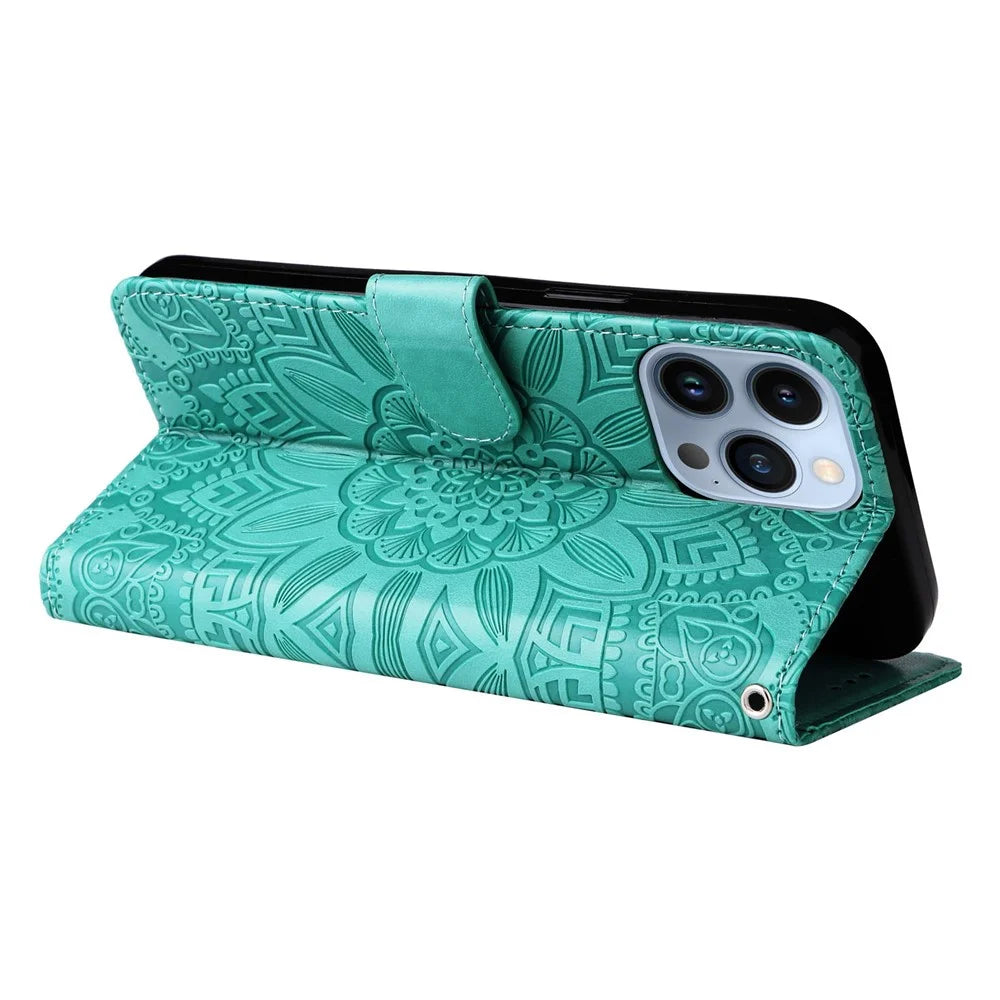 For iPhone 13 Pro Max 6.7 inch Sunflower Imprinted PU Leather Phone Case Stand Magnetic Flip Cover with Strap - Green - 3