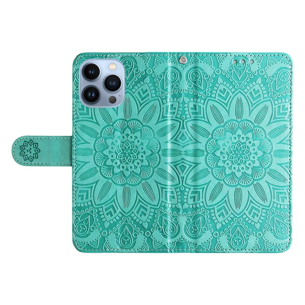 For iPhone 13 Pro Max 6.7 inch Sunflower Imprinted PU Leather Phone Case Stand Magnetic Flip Cover with Strap - Green - 5