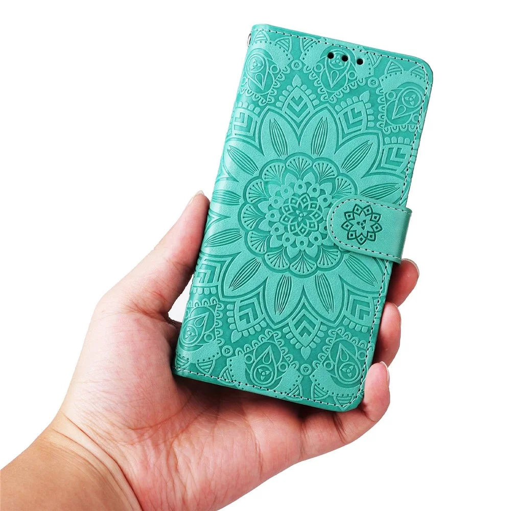 For iPhone 13 Pro Max 6.7 inch Sunflower Imprinted PU Leather Phone Case Stand Magnetic Flip Cover with Strap - Green - 6