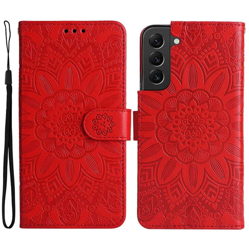 For Samsung Galaxy S22 5G Drop-proof Phone Flip Wallet Case Sunflower Imprinted Stand Magnetic PU Leather Cell Phone Cover with Strap - Red - 1