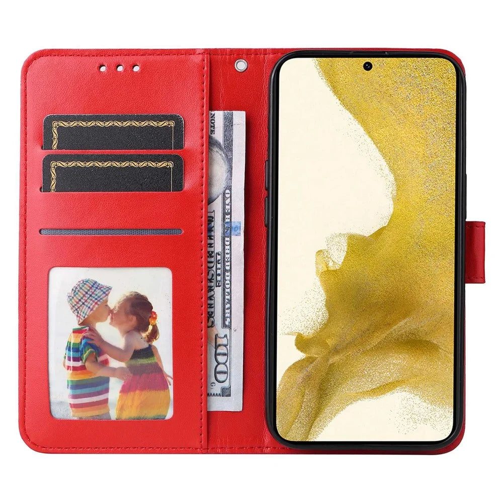 For Samsung Galaxy S22 5G Drop-proof Phone Flip Wallet Case Sunflower Imprinted Stand Magnetic PU Leather Cell Phone Cover with Strap - Red - 2