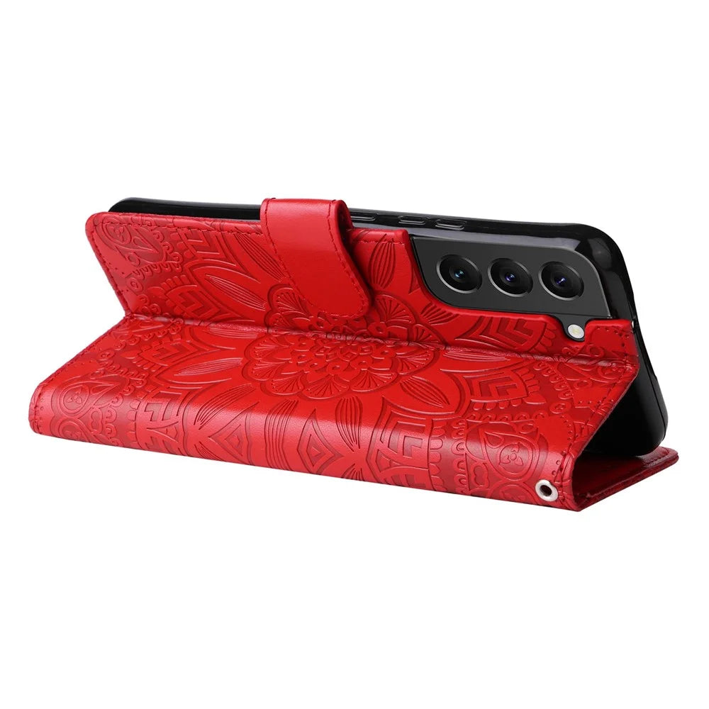 For Samsung Galaxy S22 5G Drop-proof Phone Flip Wallet Case Sunflower Imprinted Stand Magnetic PU Leather Cell Phone Cover with Strap - Red - 3