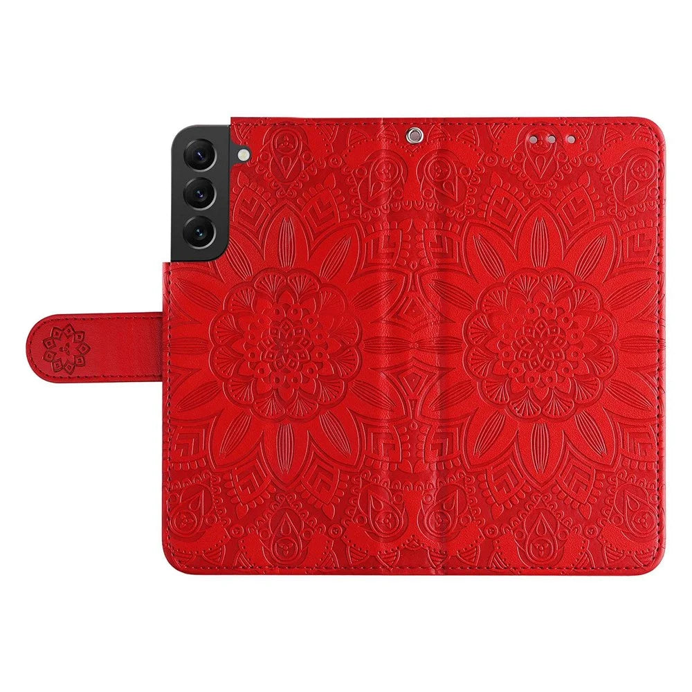 For Samsung Galaxy S22 5G Drop-proof Phone Flip Wallet Case Sunflower Imprinted Stand Magnetic PU Leather Cell Phone Cover with Strap - Red - 5
