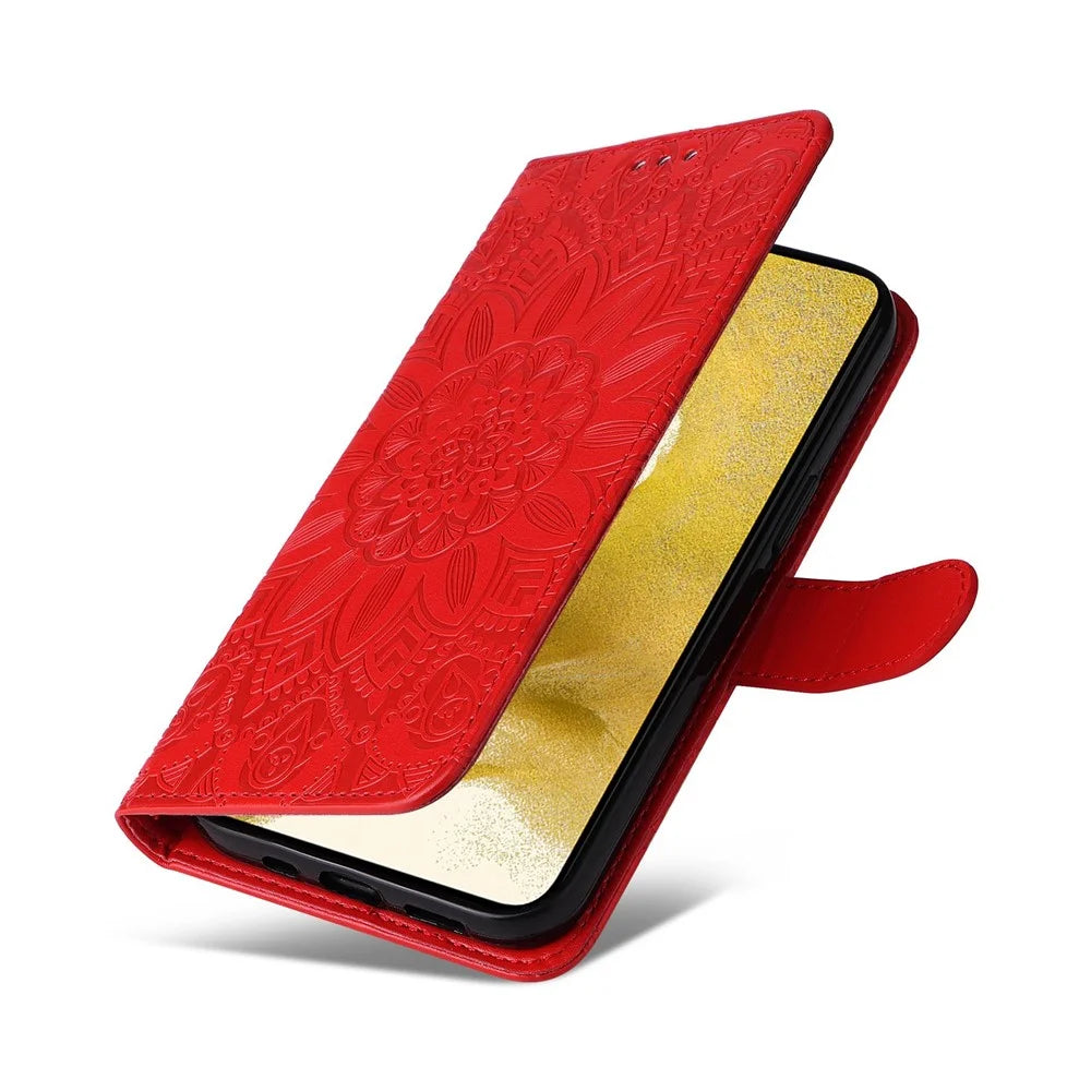 For Samsung Galaxy S22 5G Drop-proof Phone Flip Wallet Case Sunflower Imprinted Stand Magnetic PU Leather Cell Phone Cover with Strap - Red - 6
