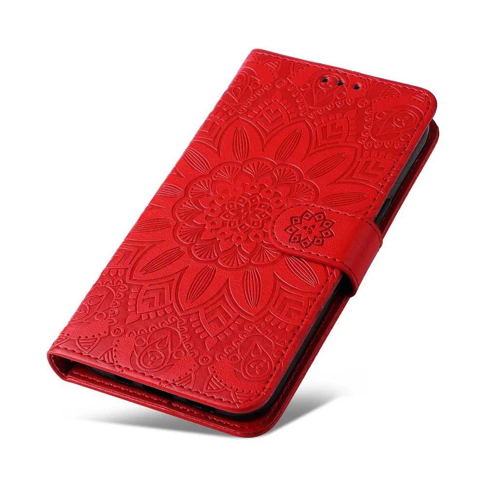 For Samsung Galaxy S22 5G Drop-proof Phone Flip Wallet Case Sunflower Imprinted Stand Magnetic PU Leather Cell Phone Cover with Strap - Red - 7