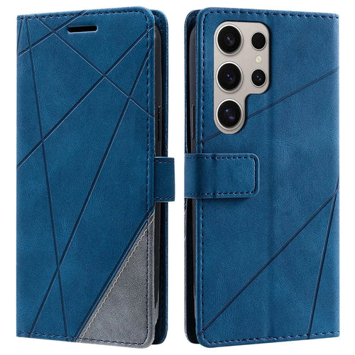 For Samsung Galaxy S25 Ultra Case Imprinted Lines PU Leather Splicing Wallet Phone Cover - Blue - 1