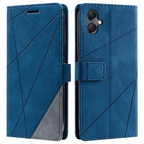For Samsung Galaxy A06 4G Case Imprinted Lines PU Leather Splicing Wallet Phone Cover - Blue - 1