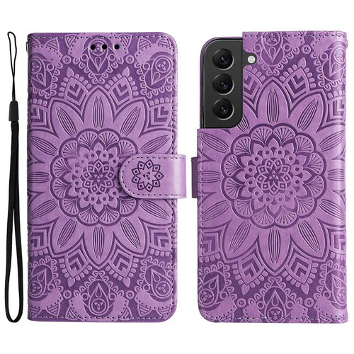 For Samsung Galaxy S22+ 5G Anti-fall PU Leather Phone Flip Wallet Case Sunflower Imprinted Stand Magnetic Cell Phone Cover with Hand Strap - Purple - 1
