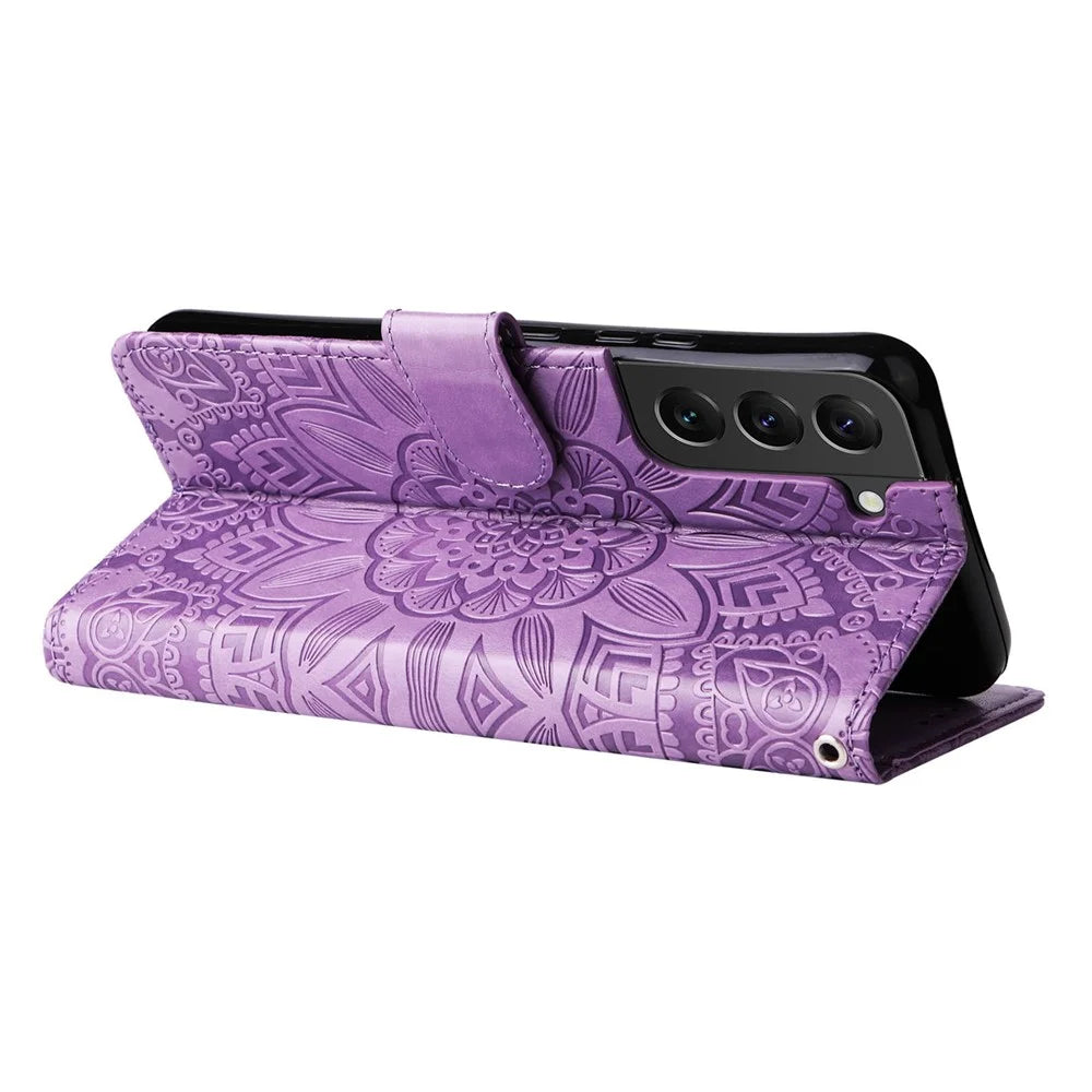 For Samsung Galaxy S22+ 5G Anti-fall PU Leather Phone Flip Wallet Case Sunflower Imprinted Stand Magnetic Cell Phone Cover with Hand Strap - Purple - 3