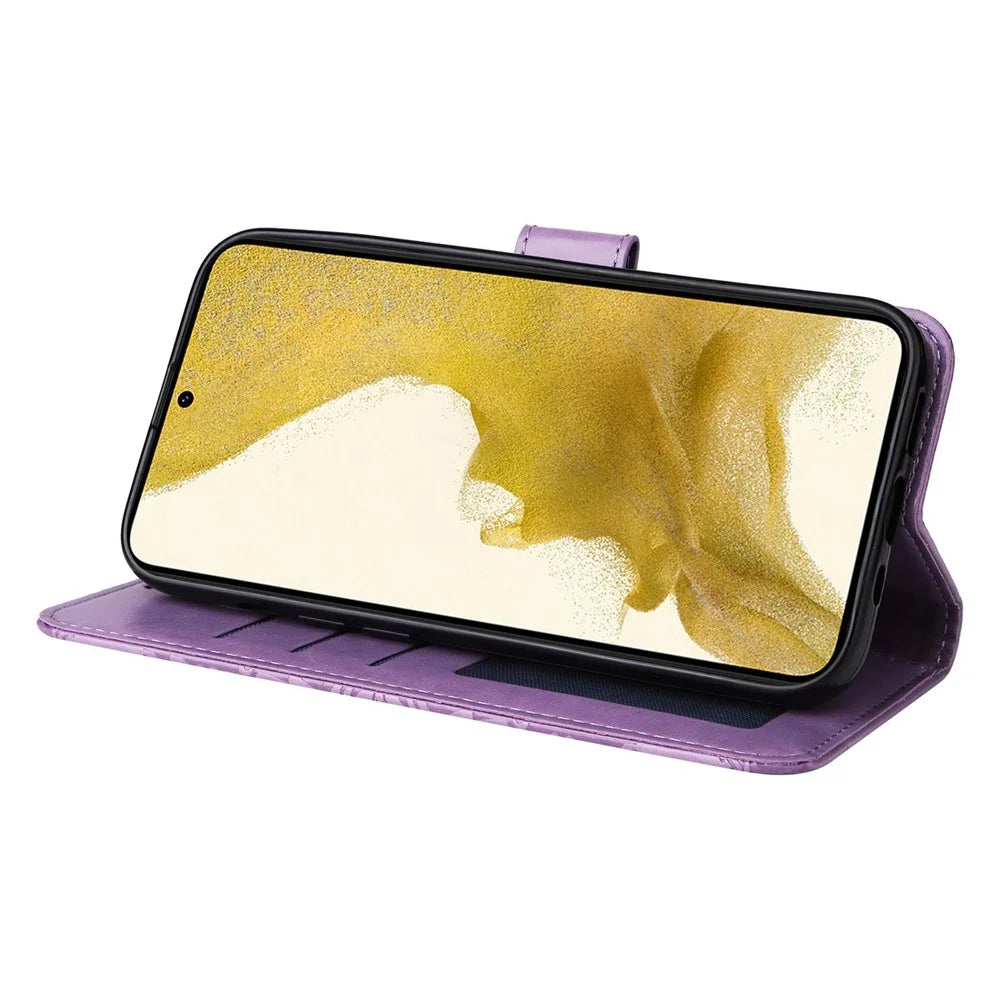 For Samsung Galaxy S22+ 5G Anti-fall PU Leather Phone Flip Wallet Case Sunflower Imprinted Stand Magnetic Cell Phone Cover with Hand Strap - Purple - 4
