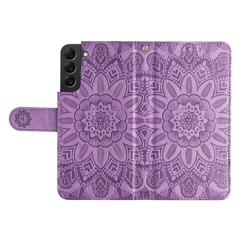 For Samsung Galaxy S22+ 5G Anti-fall PU Leather Phone Flip Wallet Case Sunflower Imprinted Stand Magnetic Cell Phone Cover with Hand Strap - Purple - 5