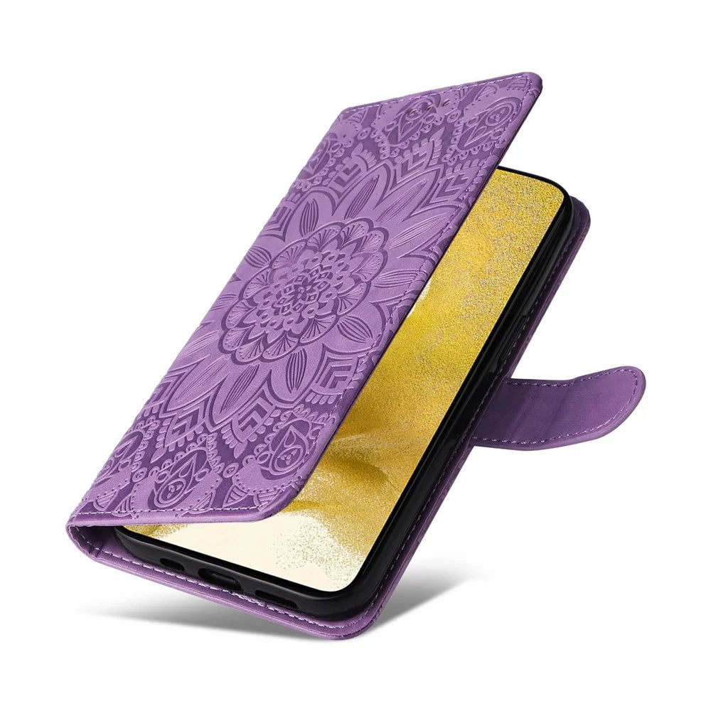 For Samsung Galaxy S22+ 5G Anti-fall PU Leather Phone Flip Wallet Case Sunflower Imprinted Stand Magnetic Cell Phone Cover with Hand Strap - Purple - 7