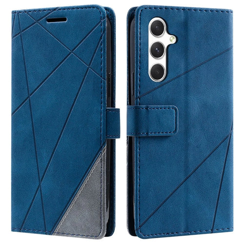 For Samsung Galaxy S25 Case Imprinted Lines PU Leather Splicing Wallet Phone Cover - Blue - 1