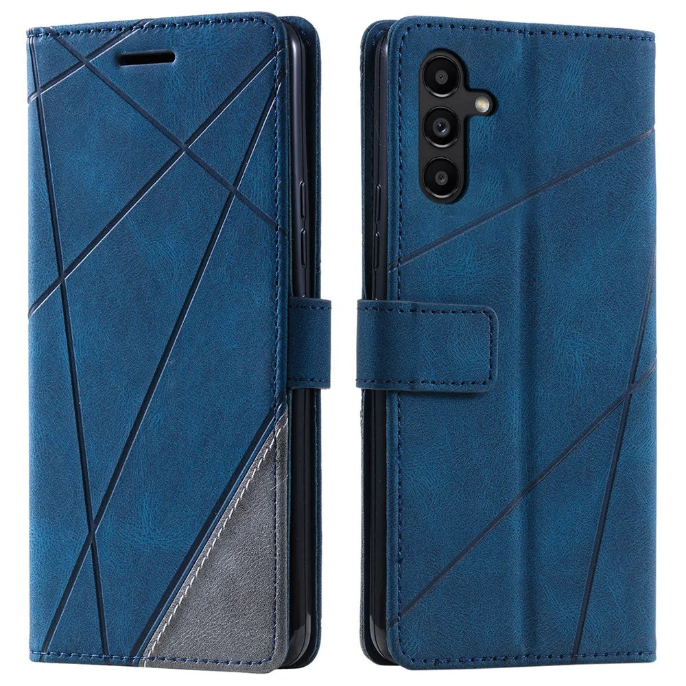 For Samsung Galaxy S24 FE Case Imprinted Lines PU Leather Splicing Wallet Phone Cover - Blue - 1