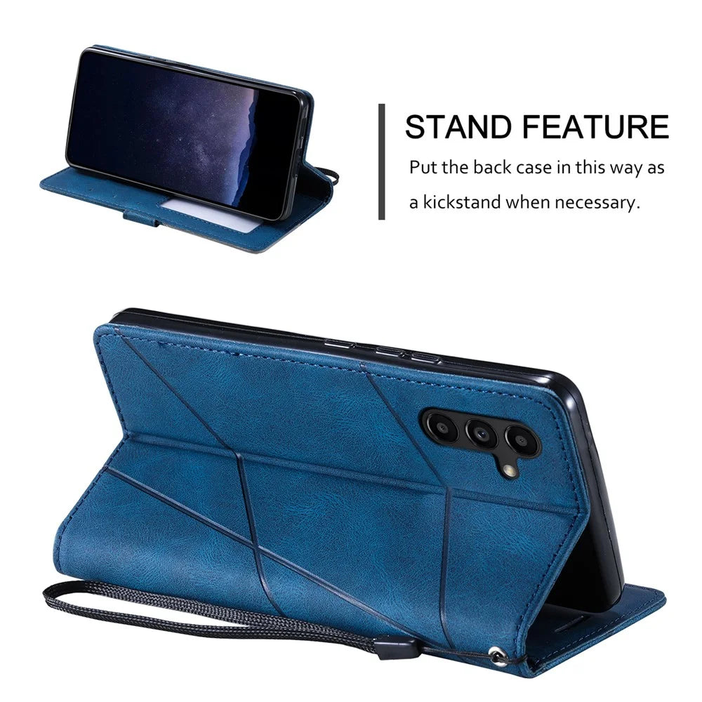 For Samsung Galaxy S24 FE Case Imprinted Lines PU Leather Splicing Wallet Phone Cover - Blue - 7