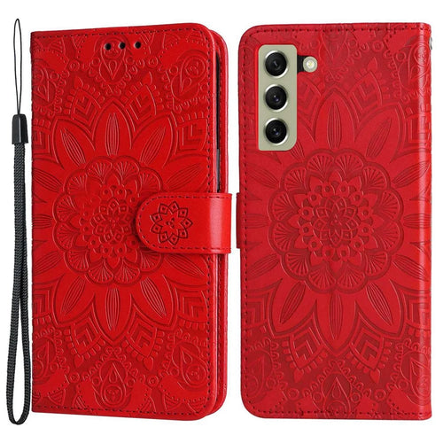 For Samsung Galaxy S21 FE 5G Sunflower Imprinted PU Leather Flip Wallet Case Stand Feature Magnetic Closure Phone Cover with Strap - Red - 1