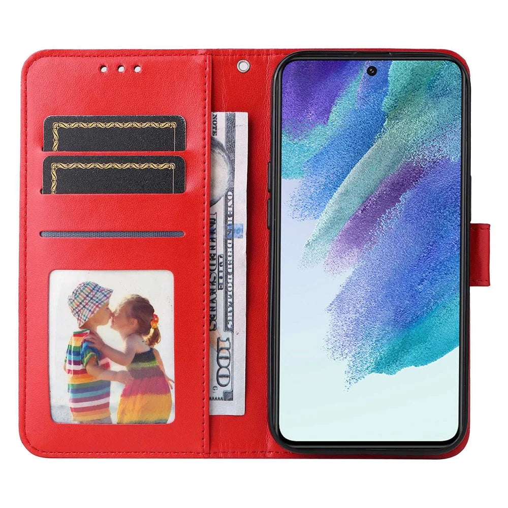 For Samsung Galaxy S21 FE 5G Sunflower Imprinted PU Leather Flip Wallet Case Stand Feature Magnetic Closure Phone Cover with Strap - Red - 2