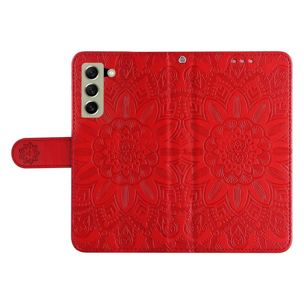 For Samsung Galaxy S21 FE 5G Sunflower Imprinted PU Leather Flip Wallet Case Stand Feature Magnetic Closure Phone Cover with Strap - Red - 5