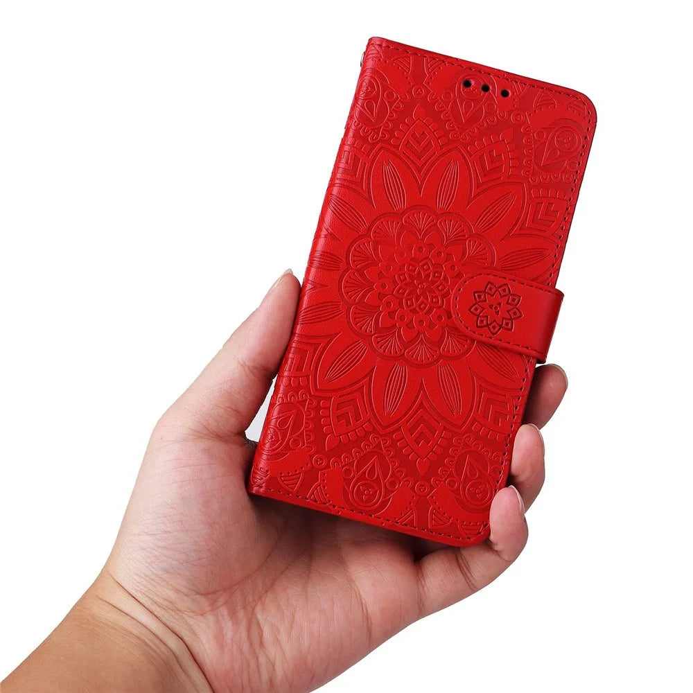 For Samsung Galaxy S21 FE 5G Sunflower Imprinted PU Leather Flip Wallet Case Stand Feature Magnetic Closure Phone Cover with Strap - Red - 6
