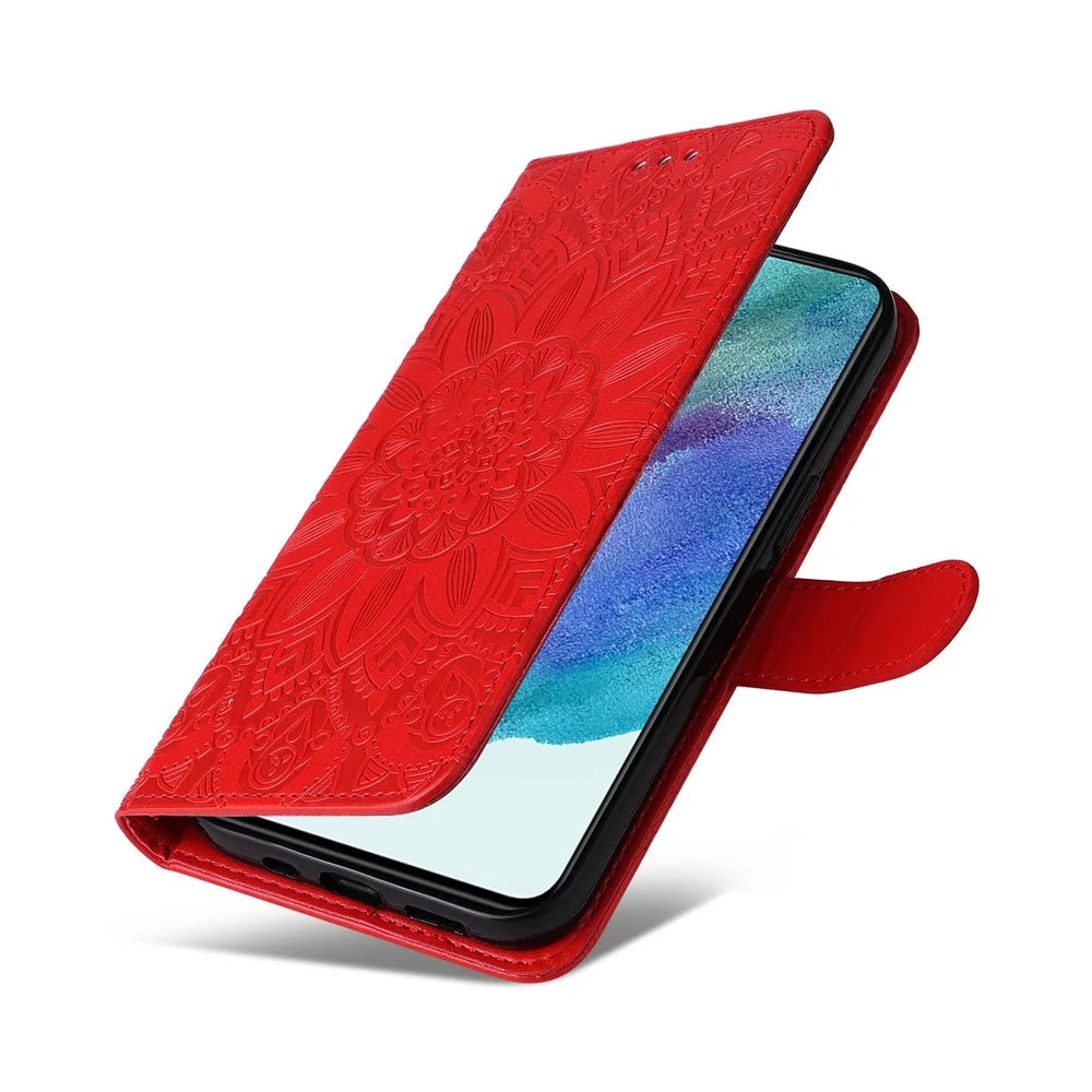 For Samsung Galaxy S21 FE 5G Sunflower Imprinted PU Leather Flip Wallet Case Stand Feature Magnetic Closure Phone Cover with Strap - Red - 7