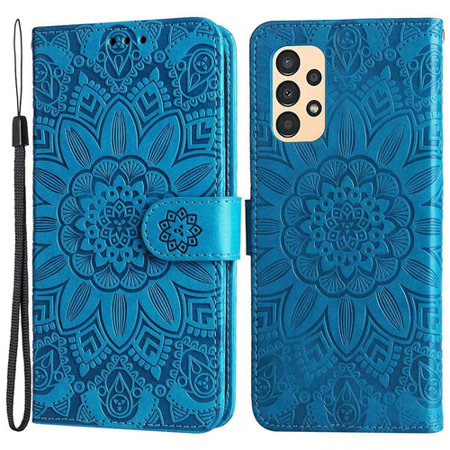 For Samsung Galaxy A13 4G Magnetic Wallet Case PU Leather Sunflower Imprinted Flip Folio Phone Cover with Strap - Blue - 1