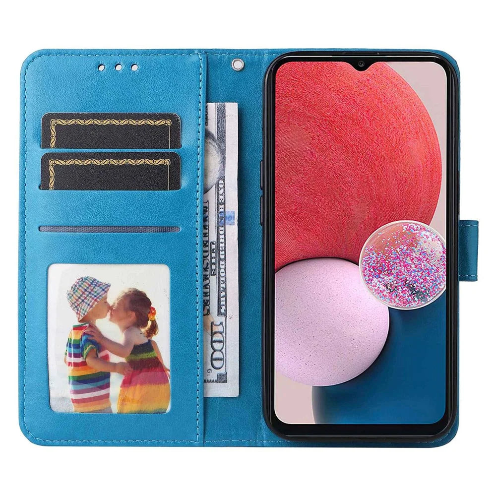 For Samsung Galaxy A13 4G Magnetic Wallet Case PU Leather Sunflower Imprinted Flip Folio Phone Cover with Strap - Blue - 2