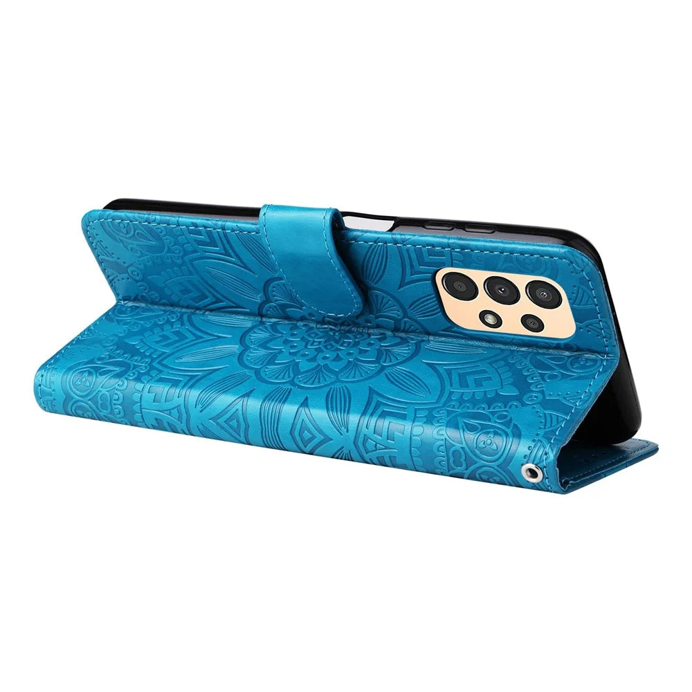 For Samsung Galaxy A13 4G Magnetic Wallet Case PU Leather Sunflower Imprinted Flip Folio Phone Cover with Strap - Blue - 3