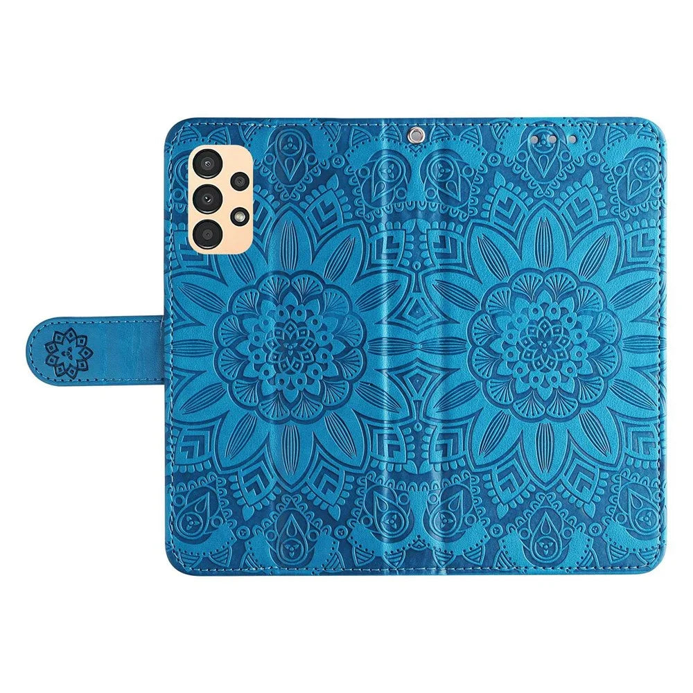 For Samsung Galaxy A13 4G Magnetic Wallet Case PU Leather Sunflower Imprinted Flip Folio Phone Cover with Strap - Blue - 5