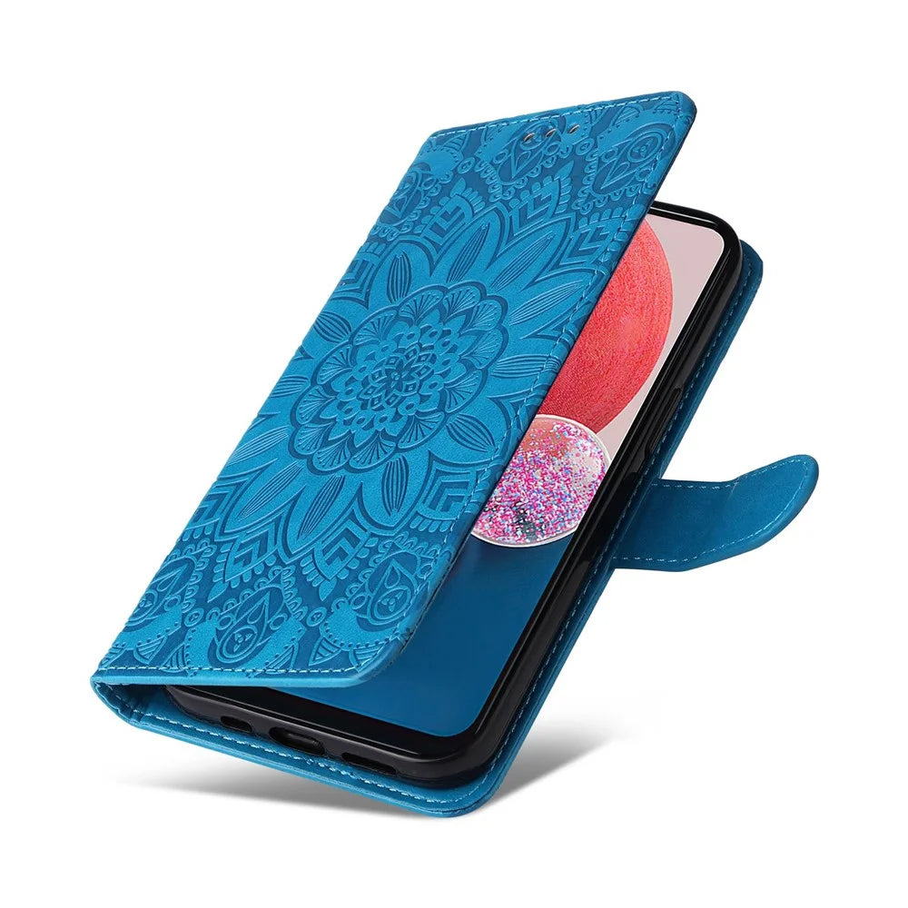 For Samsung Galaxy A13 4G Magnetic Wallet Case PU Leather Sunflower Imprinted Flip Folio Phone Cover with Strap - Blue - 7