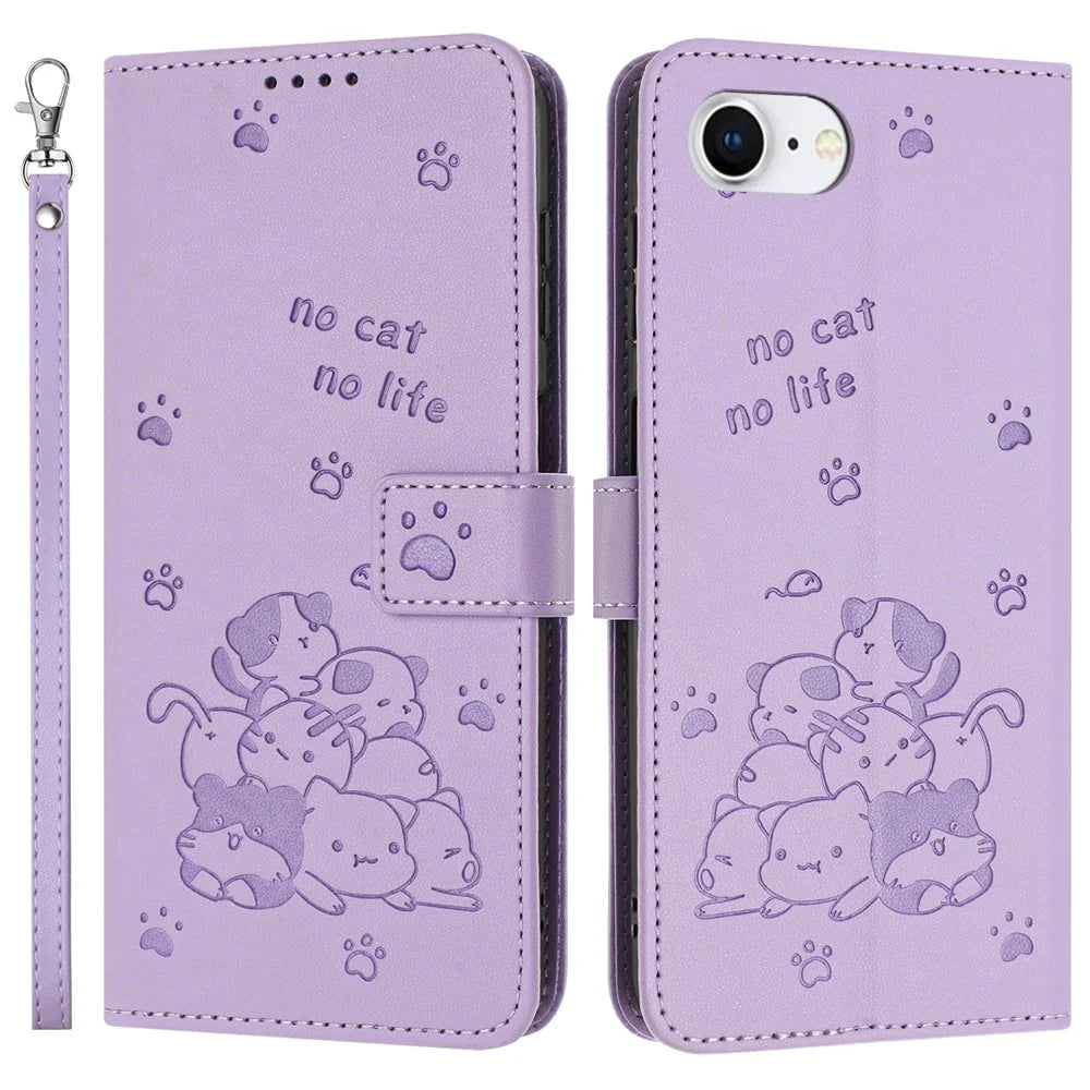 For iPhone 17e / 16e Case with Strap Cats Imprint Leather Wallet Phone Cover - Purple - 1