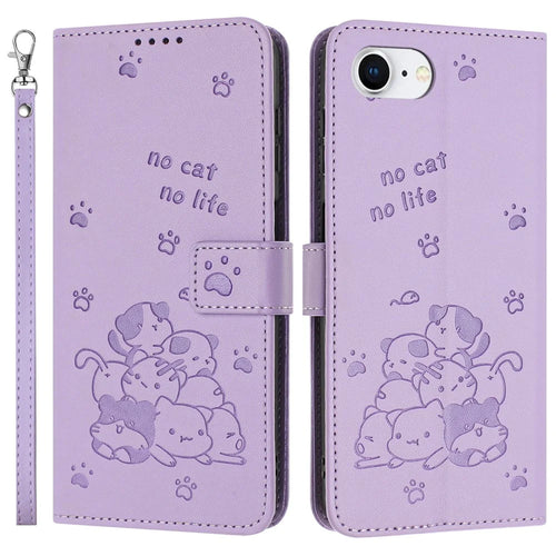 For iPhone 17e / 16e Case with Strap Cats Imprint Leather Wallet Phone Cover - Purple - 1