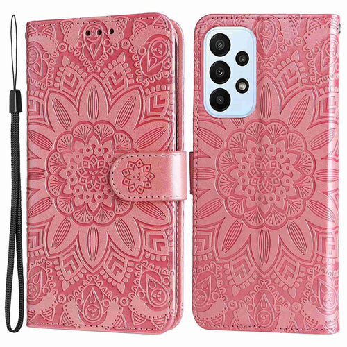 For Samsung Galaxy F23 5G / M23 5G / M13 4G / A23 5G (Global Version) / 4G PU Leather Phone Case Sunflower Imprinted Folio Flip Stand Magnetic Cover with Strap - Pink - 1